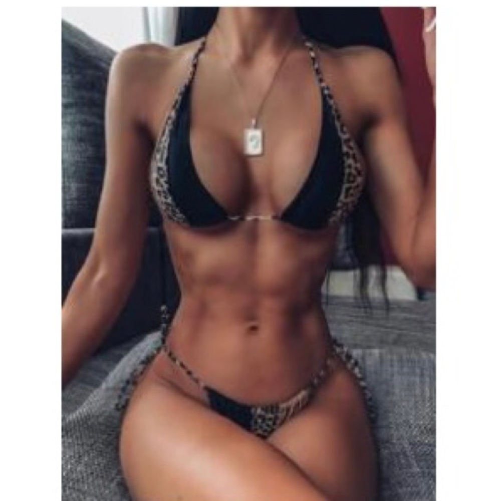 Leopard halter triangle tie side biki swimsuit (exclusive)